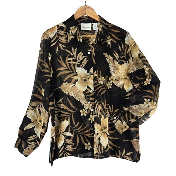 Alfred Dunner Womens Shirt Black Tan Floral 12 Woven Fabric Semi Sheer Tropical - Picture 1 of 11